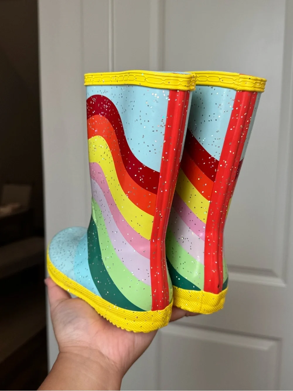 Hunter Kids Light Blue Rainbow Stripe Rain Boots with Yellow Trim
